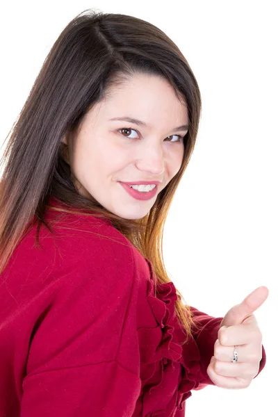 Hermosa Mujer Con Sonrisa Blanca Perfecta Con Pulgar Hacia Arriba —  Fotos de Stock