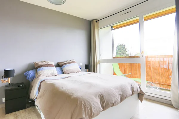 Спальня Квартири Двоспальним Ліжком Дизайн Інтер Єру Будинку — стокове фото