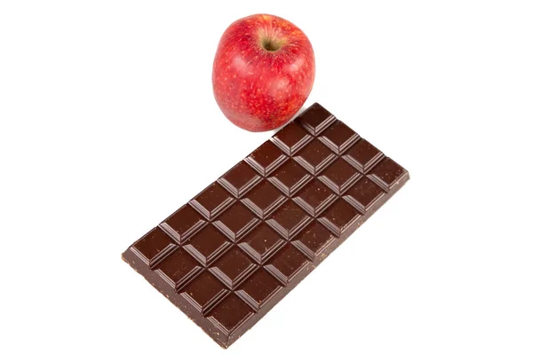 Concetto Peso Con Mela Rossa Barretta Cioccolato — Foto Stock