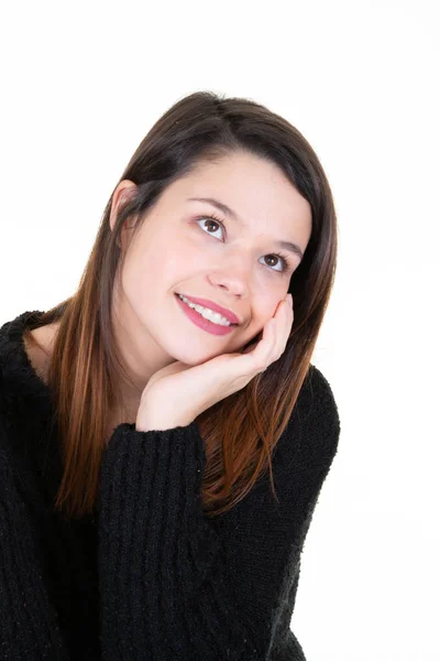 Retrato Una Joven Mujer Feliz Sonriendo Pensando Fondo Blanco Mirando — Foto de Stock