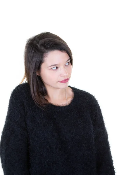 Mujer Pensativa Sonriendo Con Los Ojos Mirando Lado Aislado Fondo — Foto de Stock