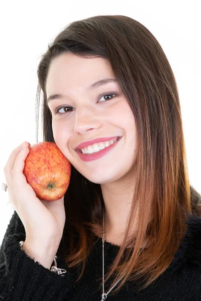 Portrait Happy Healthy Young Woman Hugging Red Apple Royalty Free Stock Images