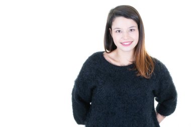 Genç kadın Headshot portre beyaz izole arka plan ve kopya uzayda