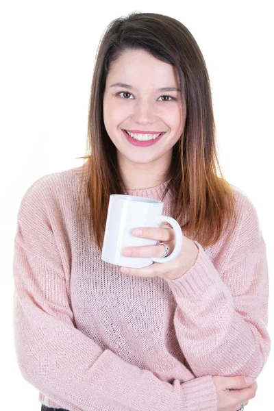 Portret Femeie Tânără Fericită Cană Cafea — Fotografie, imagine de stoc