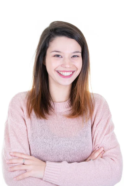 Arms Crossed Portrait Young Happy Woman Looks Camera — Stock Photo, Image