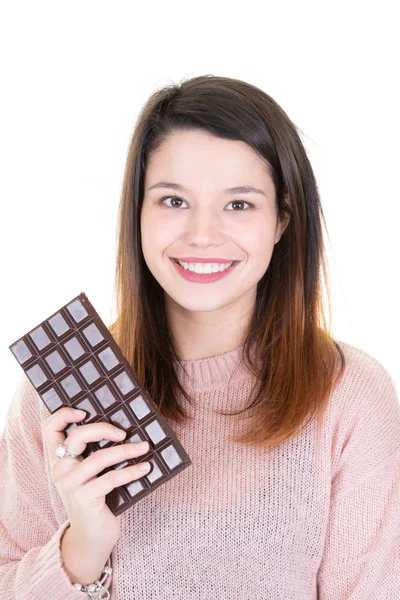 Portret Van Een Schattig Mooi Meisje Houdt Van Chocolade Bar — Stockfoto