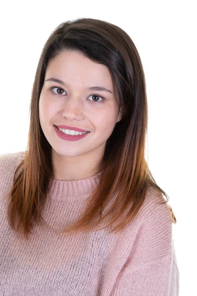 Retrato Bonito Menina Bonita Feliz Vestindo Suéter Rosa — Fotografia de Stock