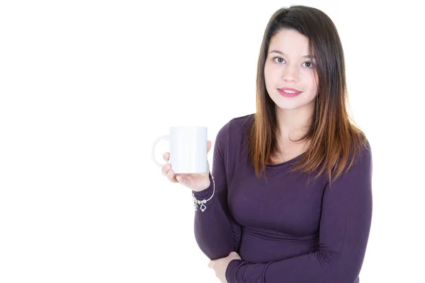 Caucasian Young Woman Drinking Coffee Tea Smiling Camera Blank White — Stock Photo, Image