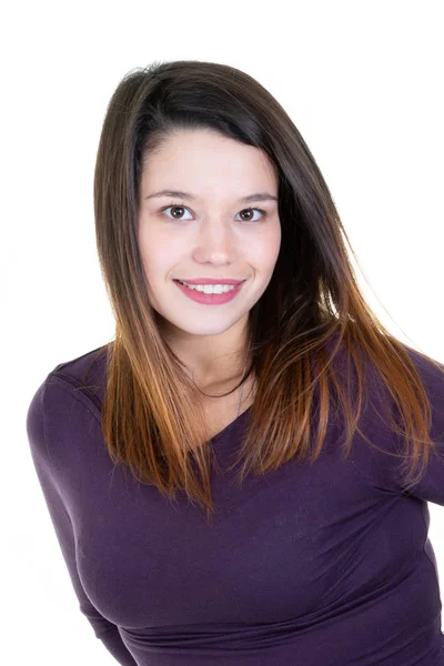 Retrato Niña Una Joven Con Una Sonrisa Perfecta Fondo Blanco — Foto de Stock