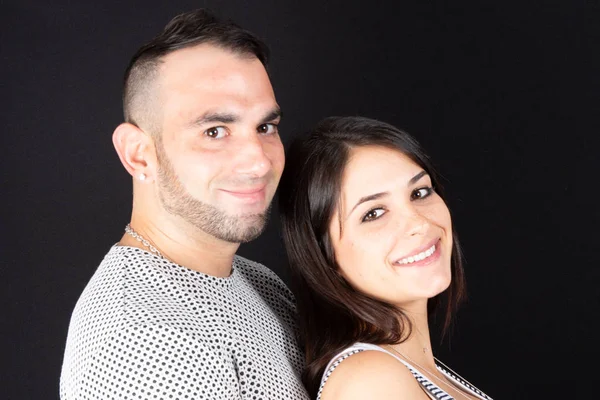 Amor Pareja Feliz Sonrisa Romántico Juntos Negro Fondo — Foto de Stock