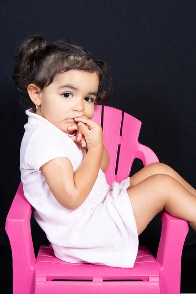 Attractive Kid Child Girl Site Pink Chair Seat Black Background — Stock Photo, Image