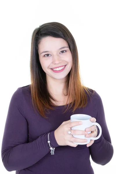 Sorrindo Muito Jovem Mão Segurando Xícara Café Chá Bebida Quente — Fotografia de Stock