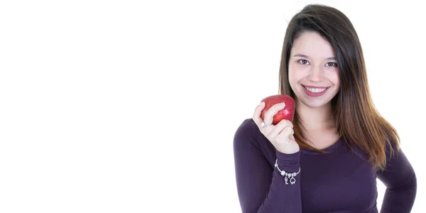 美丽的年轻女子拿着一个苹果侧空白白色复制空间背景 — 图库照片