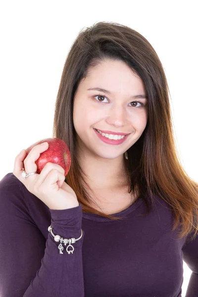 Portrait Happy Woman Holding Red Apple Smiling Stock Image