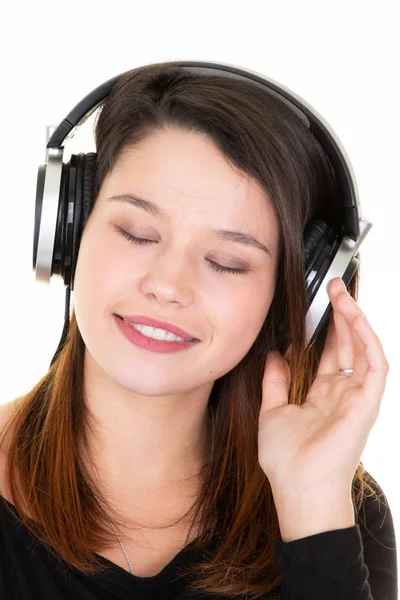 Jovem Mulher Beleza Adolescente Ouvindo Música Com Fones Ouvido Dentro — Fotografia de Stock