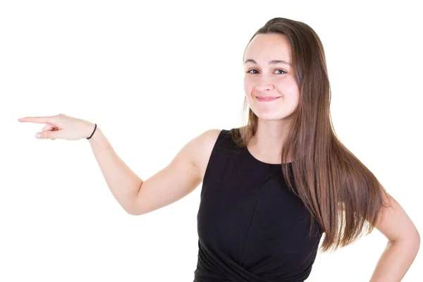 Attraktives Lächelndes Mädchen Stehend Und Mit Erhobenem Zeigefinger — Stockfoto