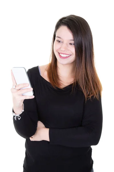 Mujer Morena Feliz Escribiendo Mensaje Teléfono Inteligente Sobre Fondo Blanco —  Fotos de Stock