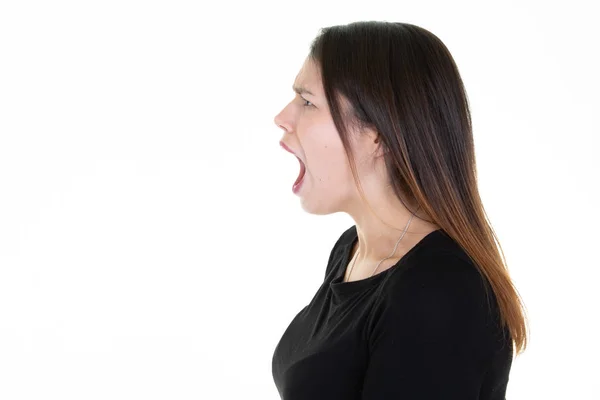 Woman Profile Shouting White Background Side Copyspace — Stock Photo, Image