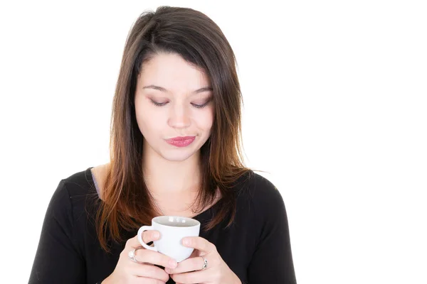 Young Woman Looking Coffee Cup Hand — Stock Photo, Image