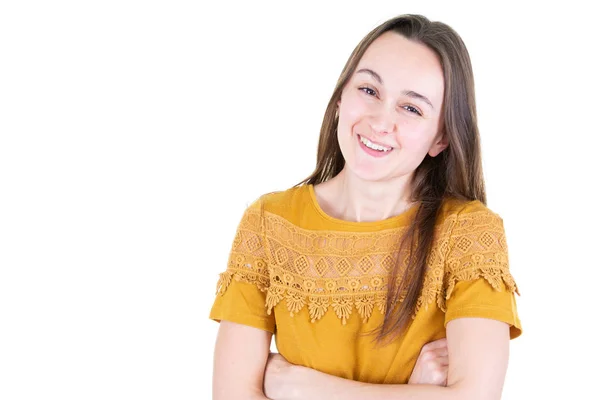 Retrato Feliz Jovem Mulher Isolada Sobre Fundo Branco — Fotografia de Stock