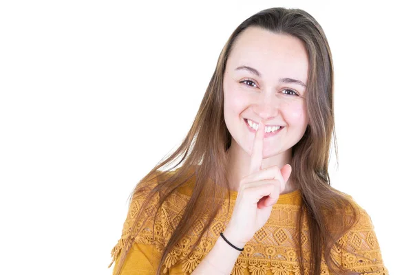 Mujer Sosteniendo Dedo Sus Labios Gesto Silencio — Foto de Stock