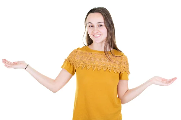 Young Happy Woman Presenting Your Product Hands White Background — Stock Photo, Image