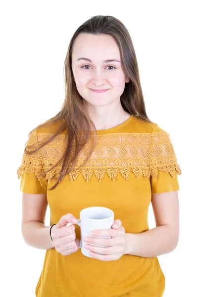 Young Pretty Woman Drinks Coffee White Cup Mug — Stock Photo, Image