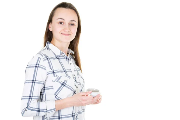 Feliz Sorrindo Jovem Bela Mulher Isolada Sobre Fundo Branco Olhando — Fotografia de Stock