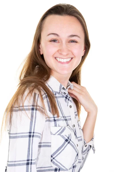 Mulher Bonita Olhando Para Câmera Isolada Fundo Branco — Fotografia de Stock