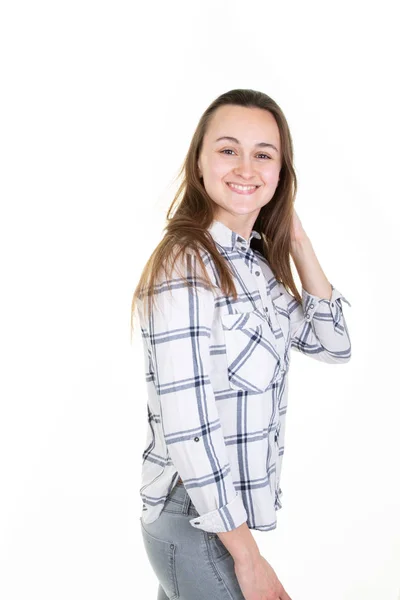 Retrato Una Hermosa Adolescente Sonriente Sobre Fondo Blanco — Foto de Stock