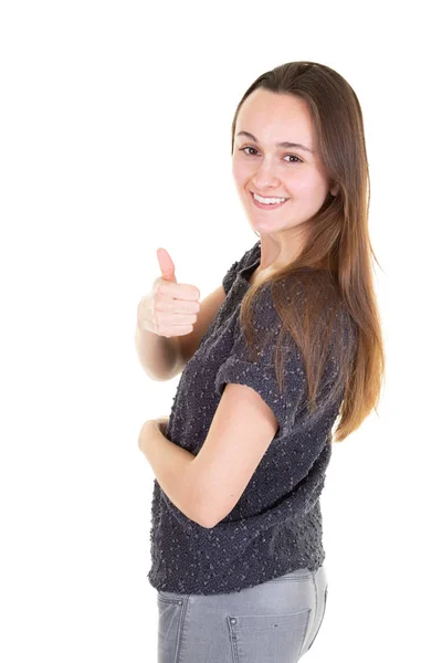 Hermosa Chica Sonriente Mostrando Pulgares Hacia Arriba Sobre Fondo Blanco —  Fotos de Stock