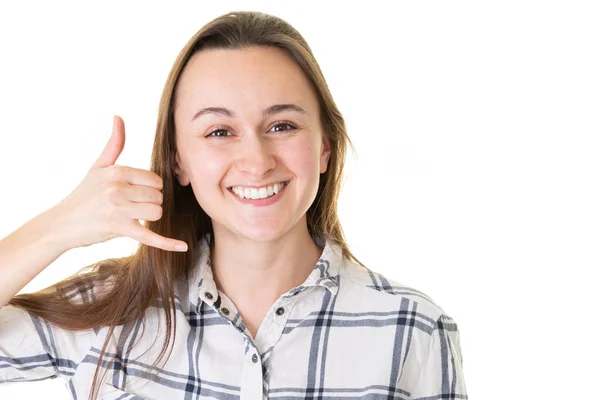 Mujer Joven Haciendo Gesto Teléfono Llaman Nuevo Con Mano Los — Foto de Stock