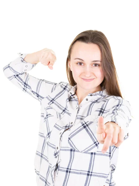 Tiener Meisje Geïsoleerde Witte Backgorund Vinger Wijst Met Vertrouwen Expressie — Stockfoto