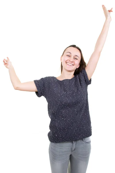 Счастливая Симпатичная Молодая Женщина Позирует Белом Фоне Поднятыми Руками — стоковое фото