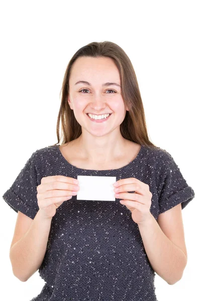 Happy Young Woman Holding Empty Blank Paper Credit Card Showing Stock Picture