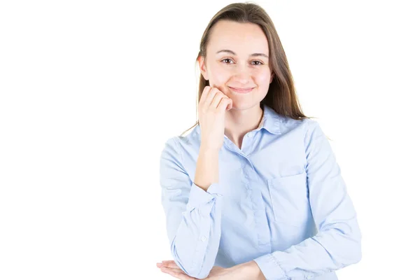 Hermosa Mujer Joven Sobre Fondo Blanco Aislado Mirando Confiado Cámara — Foto de Stock