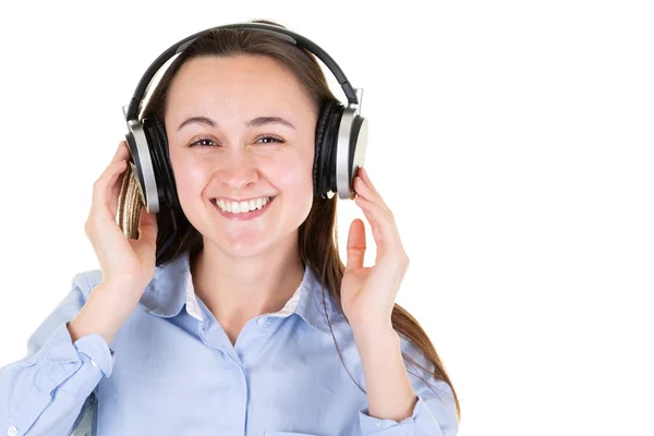 Bild Einer Hübschen Jungen Frau Glücklich Lächelnd Mit Kopfhörermusik — Stockfoto