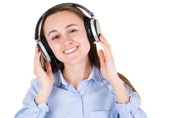 Joyeux Jeune Femme Avec Écouteurs Fond Blanc — Photo