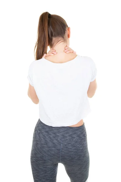 Rückseite Junge Frau Selbstakupressur Zur Entspannung Von Schulter Und Rückenschmerzen — Stockfoto