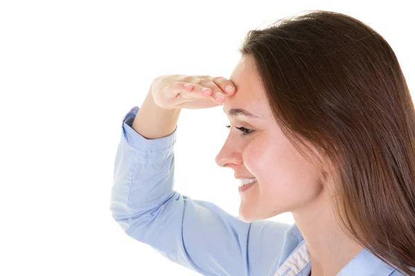 Smile Girl Put Her Hand His Forehead Shield His Eyes Stock Picture