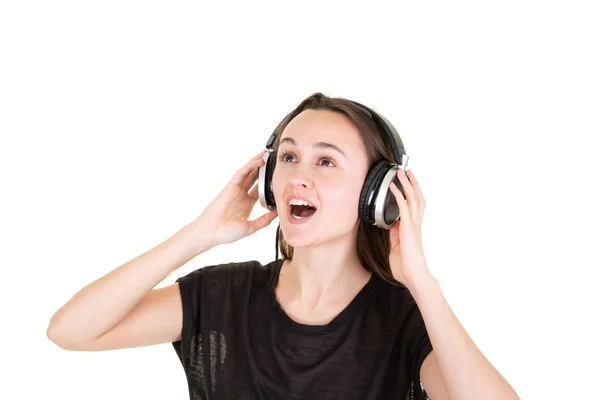 Retrato Amante Música Feliz Escuchando Música Cantando Auriculares — Foto de Stock