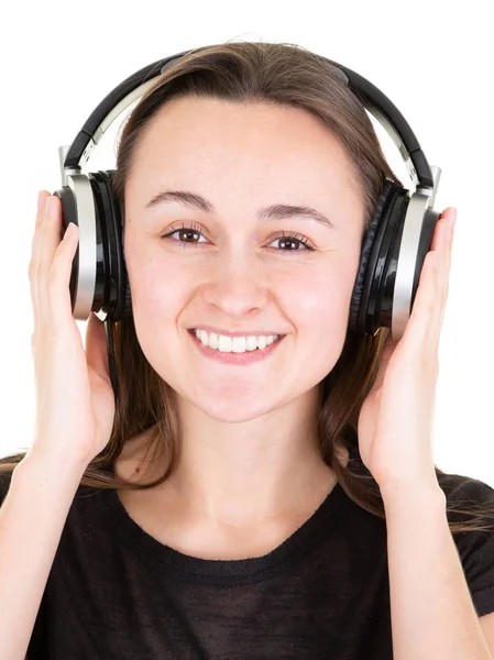 Retrato Menina Relaxado Feliz Desfrutar Ouvir Música Com Fones Ouvido — Fotografia de Stock