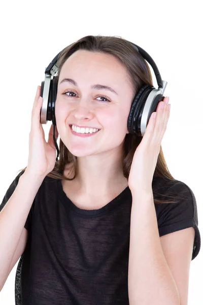 Alegría Música Estudio Retrato Joven Morena Feliz Con Auriculares Está —  Fotos de Stock