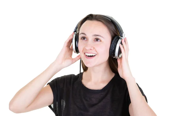 Jonge Vrouw Zingen Met Listnening Van Hoofdtelefoon Naar Muziek — Stockfoto