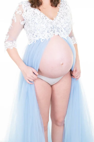Красивая Беременная Молодая Женщина Нижнем Белье Вязаном Платье Распахнул Открытый — стоковое фото