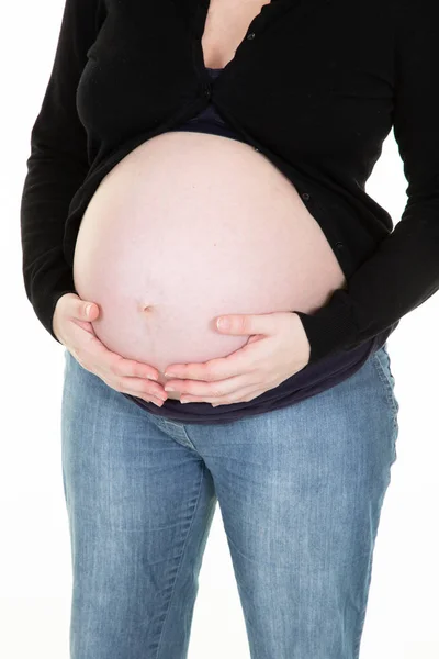 Zwangere Vrouw Buik Boven Witte Backgrond Geïsoleerd Staan — Stockfoto