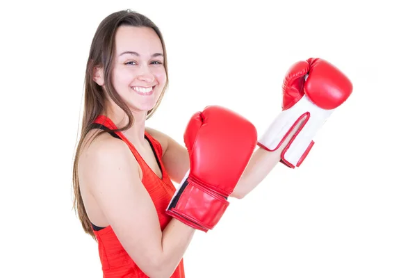 Close Cheerful Woman Fight Stand Red Glove Boxing — Stock Photo, Image