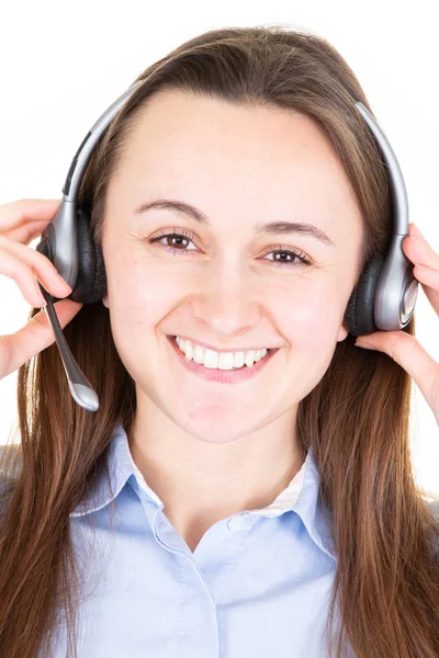 Boldog Asszony Telefon Szolgáltató Támogatja Elszigetelt Fehér Háttér Fejhallgató — Stock Fotó