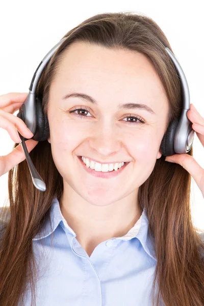 Suporte Operador Telefone Mulher Feliz Fone Ouvido Isolado Fundo Branco — Fotografia de Stock