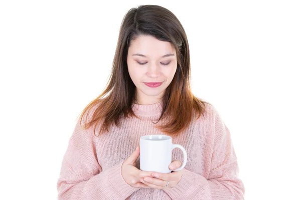 Isolated Closeup Serious Pensive Woman Drinking Coffee Tea — Stock Photo, Image